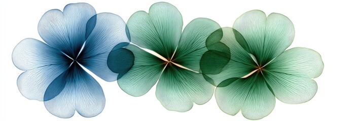 Delicate, translucent clover blossoms in shades of teal and emerald green, arranged in a horizontal row against a plain white background.