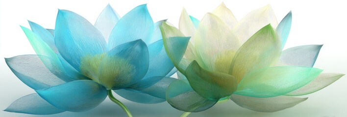 Two translucent lotus blossoms in soft pastel shades of blue and green, display a serene and delicate beauty against a plain white background.