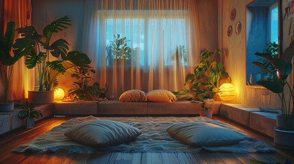 Zen-inspired Gen Z apartment, muted tones, low seating, wellness corner with yoga mat and houseplants, soft LED lighting.