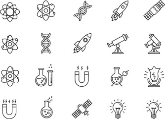 Collection of science and research line icons including atom, DNA, rocket, telescope, satellite, flask, magnet, laboratory equipment, experiment tools, light bulb