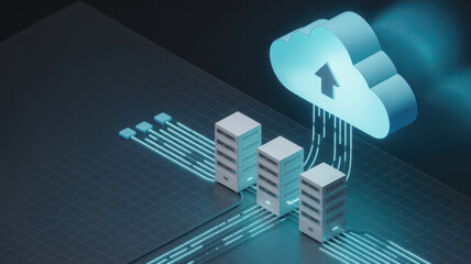 3d isometric illustration of cloud computing and data transfer from servers to a glowing cloud icon with an upload arrow, representing digital storage and network connectivity