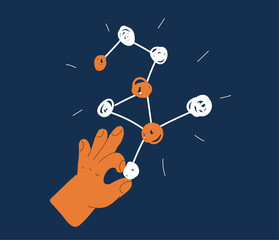 Cartoon vector illustration of hand with icons as a metaphor for creativity, choice, and expression against dark background