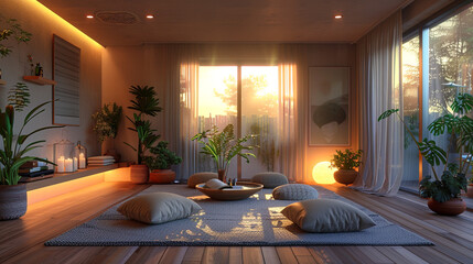 Zen-inspired Gen Z apartment, muted tones, low seating, wellness corner with yoga mat and houseplants, soft LED lighting.