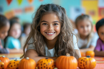 Fototapeta premium Young girl smiles at table with pumpkins.