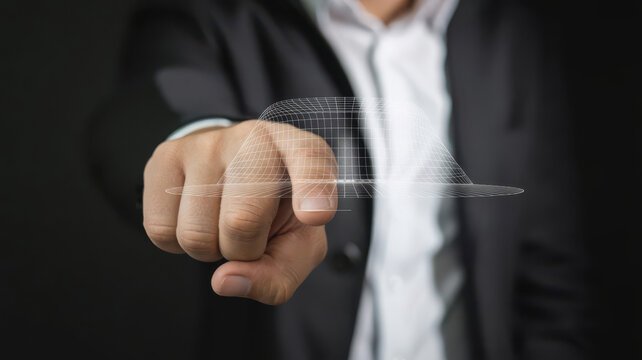 Mans hand pointing at a futuristic holographic car interface, representing technology and innovation in the automotive industry