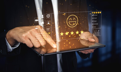 Customer feedback and satisfaction rating system showing star review, happy face, performance...