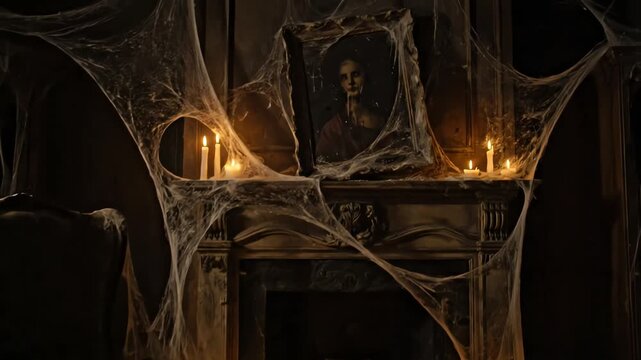 Spooky portrait hangs above fireplace covered in cobwebs in abandoned mansion, lit by flickering candlelight, creating eerie and unsettling atmosphere.