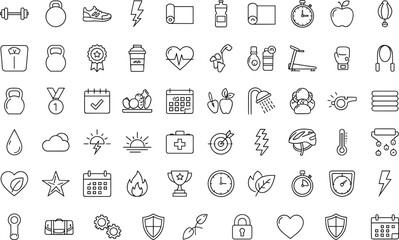 Fitness and health icon set with dumbbells, kettlebells, running shoes, heart rate, nutrition, calendar, stopwatch, water bottle, yoga mat, and gym equipment icons