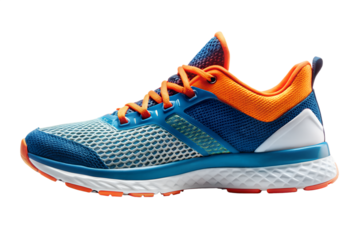 Athletic shoe in vibrant blue and orange colors, showcasing its sporty design and cushioned sole for running