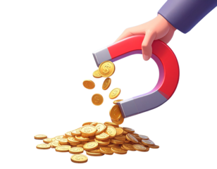 d minimal money sucking. money earning concept. hand holding a magnet sucking coins.