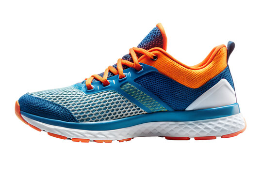 Athletic shoe in vibrant blue and orange colors, showcasing its sporty design and cushioned sole for running