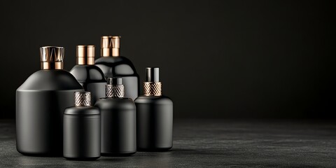 Elegant black perfume bottles with copper caps, set against a dark minimalistic background, exuding luxury and style.