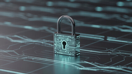 Closeup of a digital padlock with a glowing keyhole on a dark, textured background with circuit board patterns