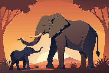 Fototapeta premium Baby elephant reaching trunk to mother, she hugs him with her trunk, sunlight through leaves.
