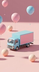Pastel colored delivery truck with floating balloons on a pink background.