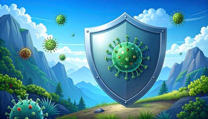 A protective shield against viruses, amidst a serene mountain landscape