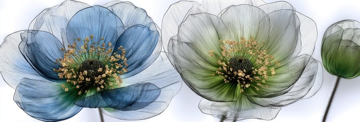 Delicate, translucent blossoms in shades of blue and green, showcasing intricate details of the flower's structure.