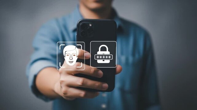 Man holding smartphone with facial recognition and password lock screen, security technology concept