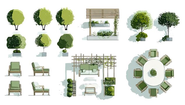 A clean, minimalist landscape design symbols collection for garden site plans on white background