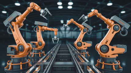 Industrial robotic arms working on an assembly line in a factory, representing automation and advanced manufacturing