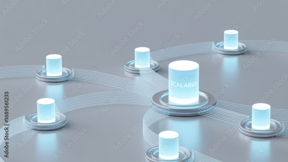 Aufkleber abstract network of glowing blue cylinders connected by digital lines on a light gray surface, repre