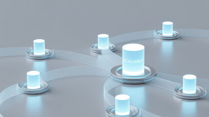 Abstract network of glowing blue cylinders connected by digital lines on a light gray surface, representing data transfer and connectivity in a futuristic digital space