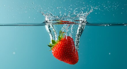 A single ripe strawberry splashes into clear blue water, creating dynamic ripples and splashes