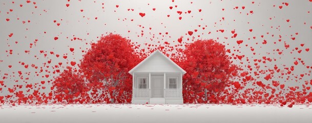 A quaint white house nestled amidst vibrant red trees, surrounded by a flurry of hearts, evokes a sense of love and warmth.
