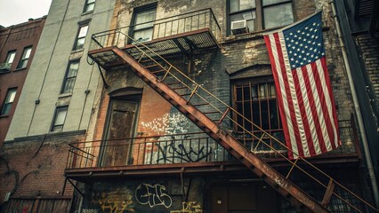 Urban grunge fire escape adorned with a flag in a lively neighborhood setting capturing the essence of city life