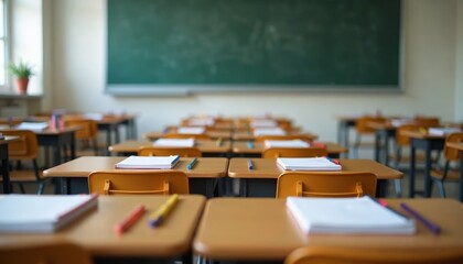 Classroom Desks with Blank Papers and Pens in an Educational Setting for School Supplies, Learning Resources, Teaching Materials, and Classroom Decor