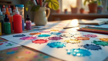 Colorful Art Supplies on Table with Paint Blobs and Brushes for Creative Projects, Craft Blogs, Education Materials, and Art Workshops