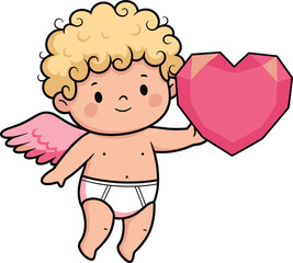 Cute cupid angel character with curly hair, pink wings, holding big heart, cartoon vector illustration for love, romance, Valentine, wedding design.