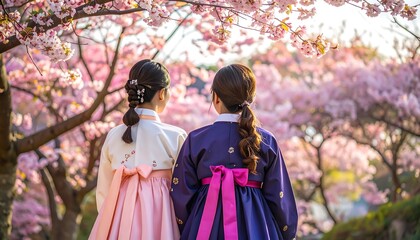 Two women in traditional Korean attire admire cherry blossoms
