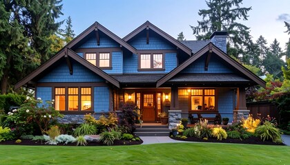 A two-story, blue house with dark brown trim glows softly against the twilight sky. Lush greenery surrounds the home, nestled among tall trees