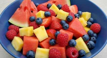 Fresh Fruit Salad in Blue Bowl.