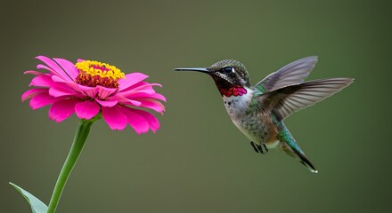 Fototapeta premium Hummingbird and Zinnia - A Nectar-Seeking Moment.