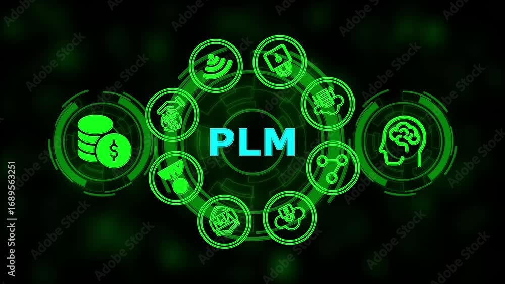Poster plm product lifecycle management system technology concept. technology, internet and network concept