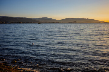 Sunset over Izmit Gulf with mountains