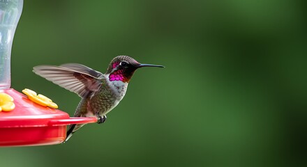 Hummingbird at Feeder with Red Throat and Spread Wings.