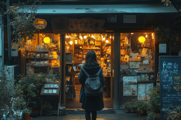Fototapeta premium Woman entering store with sign.
