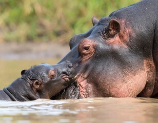Hippopotamus mother and calf in water (1)