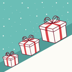 Fototapeta premium Three white gift boxes, adorned with red ribbons, ascend diagonally from the lower-left to the upper-right against a teal background speckled with white dots resembling snow. The boxes increase in siz