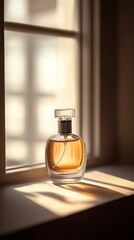 Elegant perfume bottle on sunlit window sill, casting soft shadows and reflections. Scent of luxury and calm.