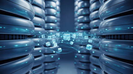 Abstract visualization of a digital data network with glowing cubes and connecting lines flowing between futuristic, metallic server racks, representing big data and cloud computing