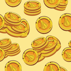 seamless pattern with vector yellow coins presented individually and in stacks of different sizes with autumn design of long pumpkin shape on yellow background, for mobile games, virtual currency