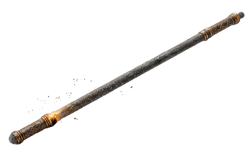 Long, dark weapon with ornate ends