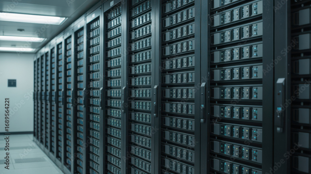 Aufkleber rows of server racks in a data center, representing technology and digital infrastructure