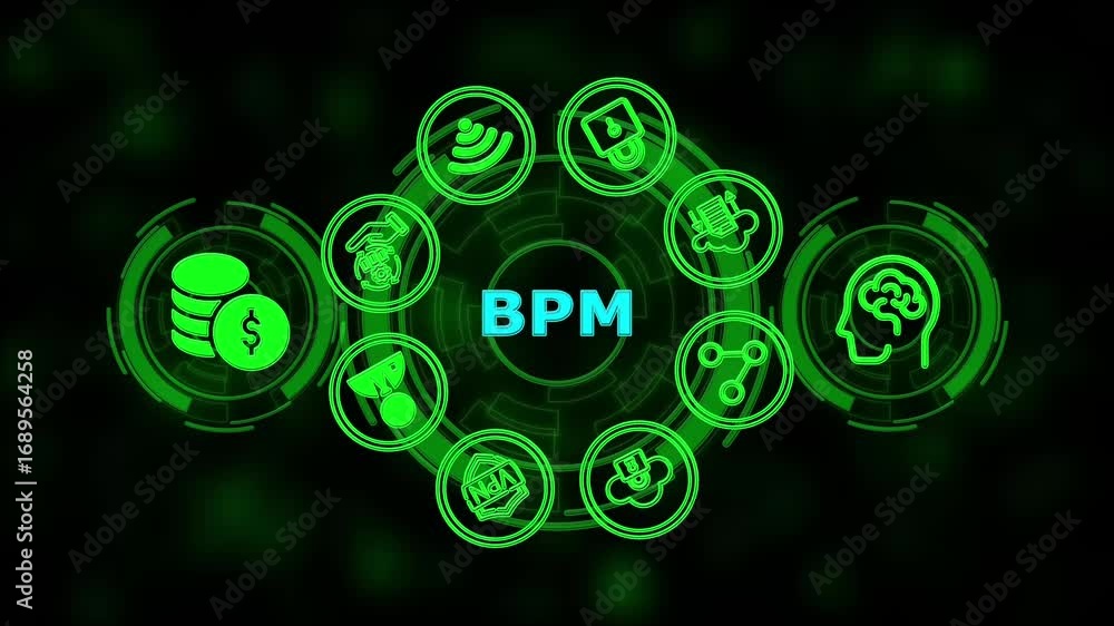 Poster bpm business process management system technology concept ,abstract technology symbols on a green ba