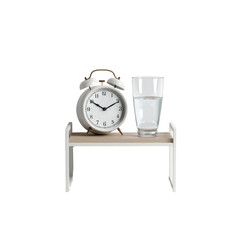Wake Up Routine Alarm Clock, Glass of Water, and Minimalist Shelf