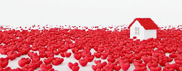 A small white house sits amidst a large collection of red hearts, evoking a sense of warmth and love.